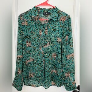 Lulus One Cool Cat Emerald Leopard Blouse Size S